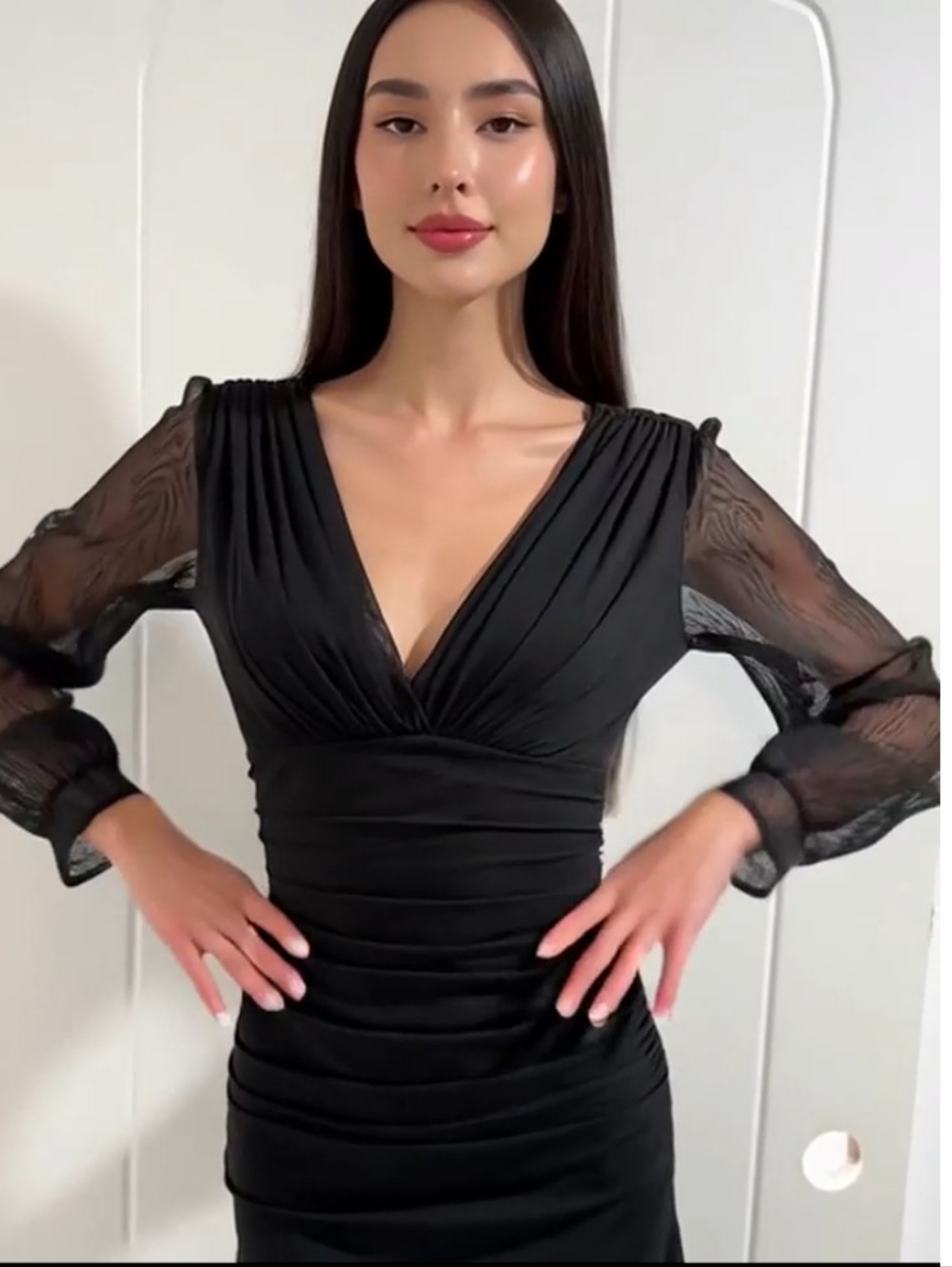 Fashion Nova Black Ruched V-Neck Blouse